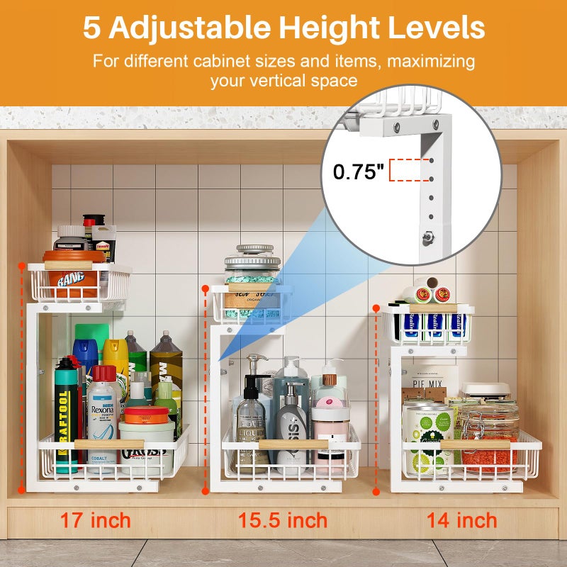 REALINN Under Sink Organizer, Height Adjustable Under Sink Organizers and Storage, 2 Tier Pull Out Drawer Cabinet Storage for Kitchen Bathroom, 1 Pack, White - Image 3