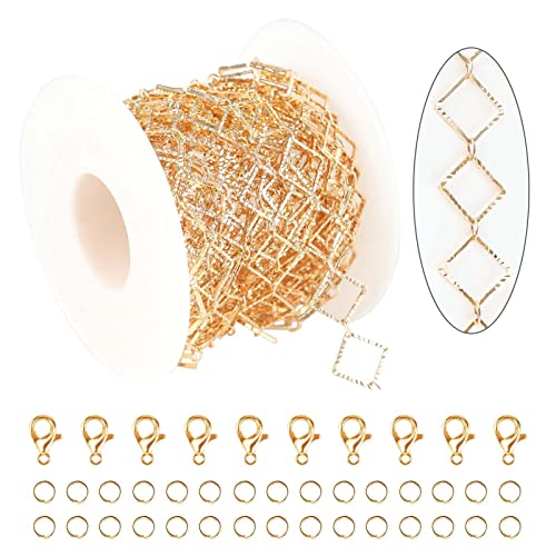 KYUNHOO 16.4 Feet KC Gold Plated Brass Jewelry Chain Bulk Handmade Embossed Square Link Chains for Jewelry Making Supplies Craft Chain Spool with Jump Rings and Lobster Claps - Image 1