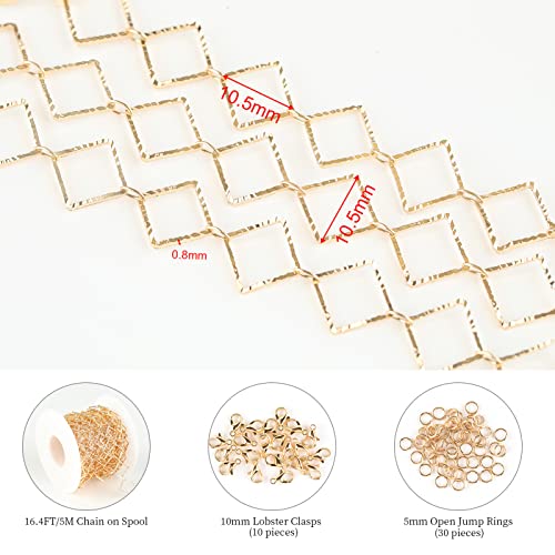 KYUNHOO 16.4 Feet KC Gold Plated Brass Jewelry Chain Bulk Handmade Embossed Square Link Chains for Jewelry Making Supplies Craft Chain Spool with Jump Rings and Lobster Claps - Image 2