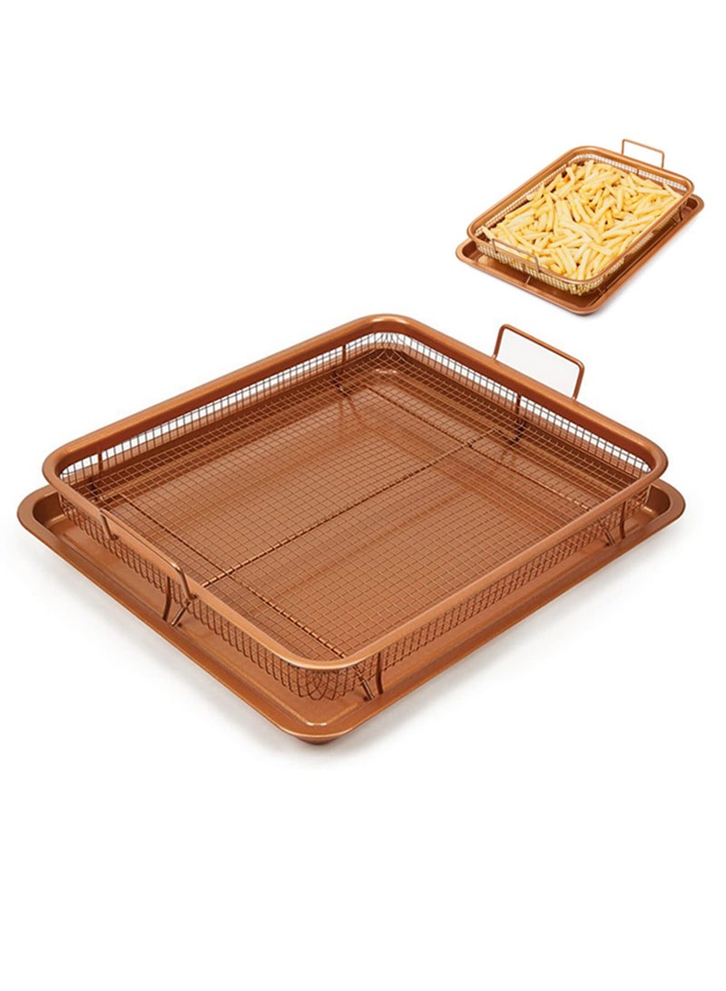 2 Piece Copper Crisper Tray Set for Air Fryer Oven Nonstick Mesh Basket & Baking Tray for French Fries Chicken 360 Degree Crispy Cooking Dishwasher Safe Oven Safe - Image 1