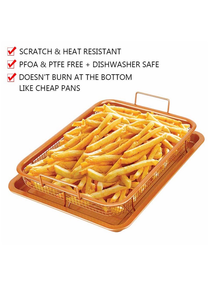 2 Piece Copper Crisper Tray Set for Air Fryer Oven Nonstick Mesh Basket & Baking Tray for French Fries Chicken 360 Degree Crispy Cooking Dishwasher Safe Oven Safe - Image 3