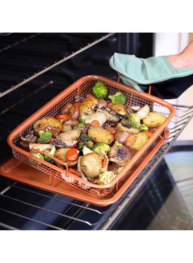 2 Piece Copper Crisper Tray Set for Air Fryer Oven Nonstick Mesh Basket & Baking Tray for French Fries Chicken 360 Degree Crispy Cooking Dishwasher Safe Oven Safe - Image 5