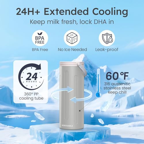 AOOTSMILE Portable Breast Milk Cooler for Travel, 22oz Large Capacity Breastmilk Chiller for Working Moms, 360° Cooling Keeps Milk Chilled 24 Hours, Includes 2 Baby Bottles, Breastfeeding Essentials - Image 3
