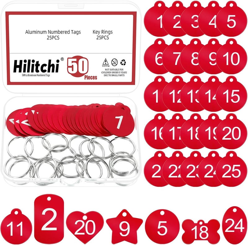 Hilitchi 50 قطعة من علامات مفاتيح ألومنيوم مرقمة 1-25، علامات تعريف معدنية حمراء دائرية لسلسلة المفاتيح مع حلقات مفاتيح للترميز والتنظيم - Image 1