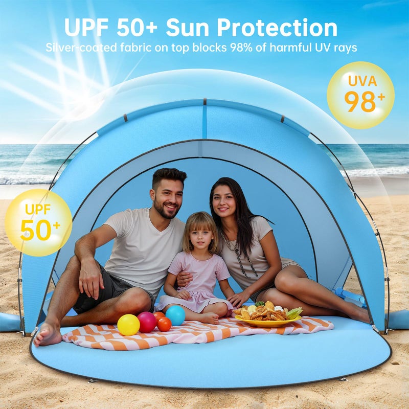 Raynesys Beach Tent Sun Shelter, Beach Shade Tent with UPF50+ UV Protection, Portable Sun Shelter for 1-3 Person, Shade Tents with 2 Zippered Doors for Sand Camping Fishing, Blue - Image 5