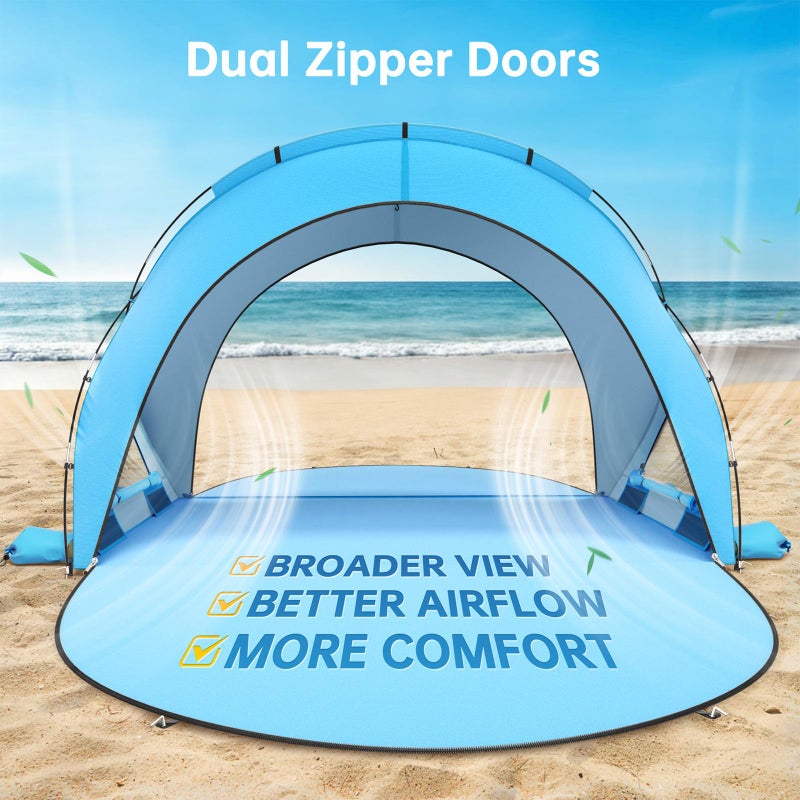 Raynesys Beach Tent Sun Shelter, Beach Shade Tent with UPF50+ UV Protection, Portable Sun Shelter for 1-3 Person, Shade Tents with 2 Zippered Doors for Sand Camping Fishing, Blue - Image 3