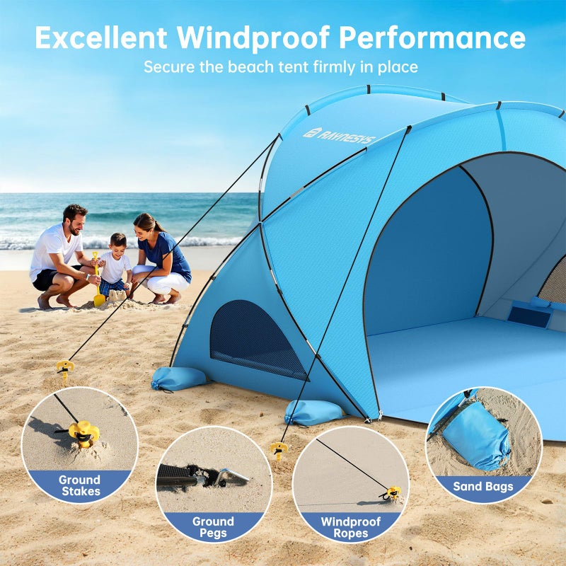 Raynesys Beach Tent Sun Shelter, Beach Shade Tent with UPF50+ UV Protection, Portable Sun Shelter for 1-3 Person, Shade Tents with 2 Zippered Doors for Sand Camping Fishing, Blue - Image 4