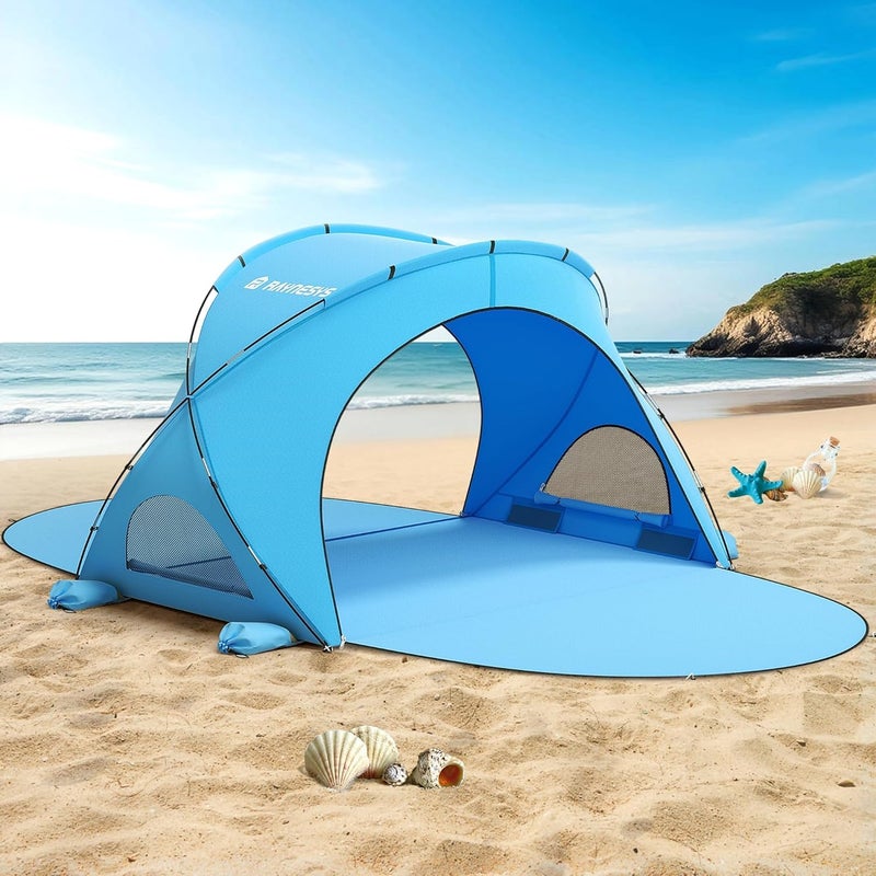 Raynesys Beach Tent Sun Shelter, Beach Shade Tent with UPF50+ UV Protection, Portable Sun Shelter for 1-3 Person, Shade Tents with 2 Zippered Doors for Sand Camping Fishing, Blue - Image 1