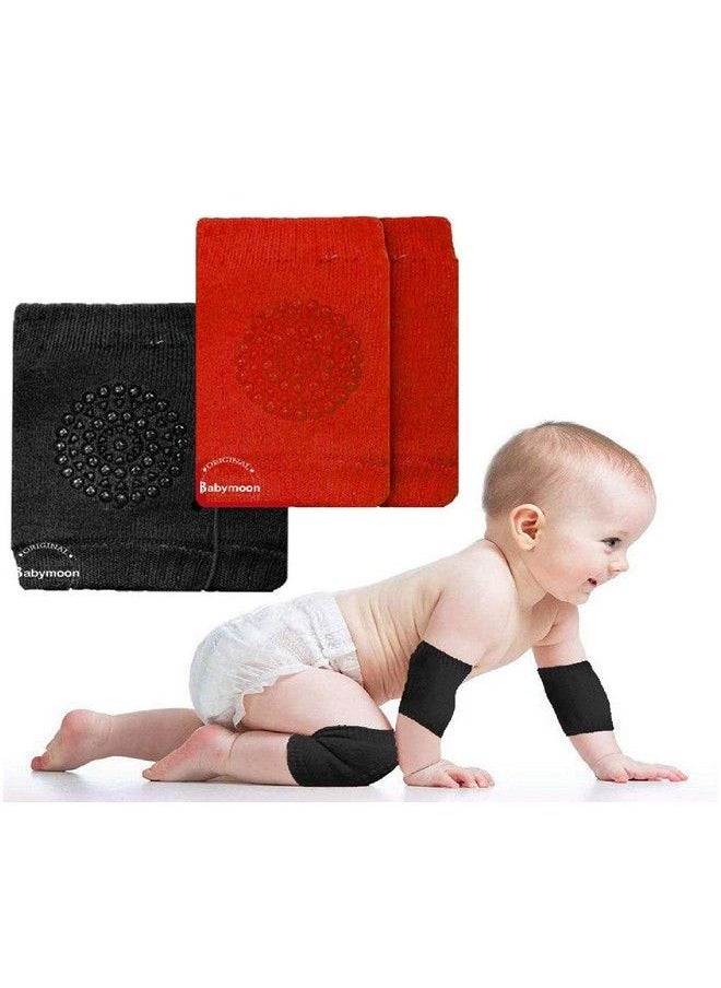 BabyMoon Baby Knee Pads For Crawling Anti Slip Padded Stretchable Elastic Cotton Soft Breathable Comfortable Knee Cap Elbow Safety Protector (Pack Of 2 Pairs Red & Black)  - Image 1
