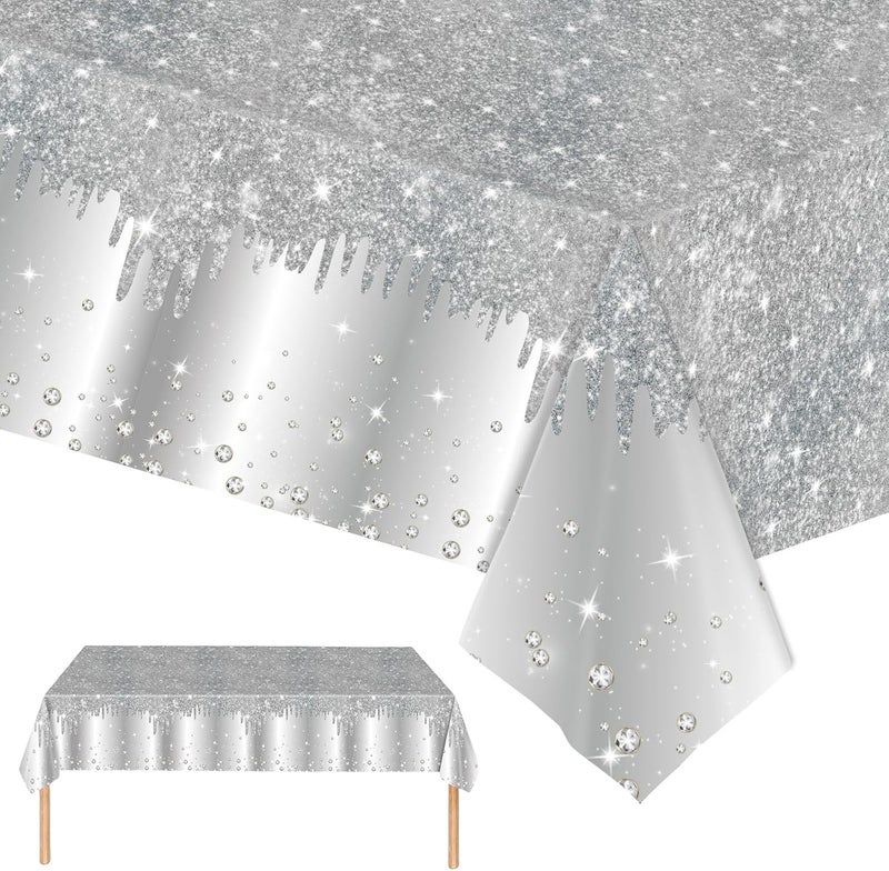 Mienocol 2pcs Silver Table Cloth Party Disposable Tablecloths,137 x274cm Shiny Glitter Diamond Silver Party Rectangular Dining Table Cover for Baby Shower,Wedding,Birthday,Princess,Girls Party Table Décor - Image 1