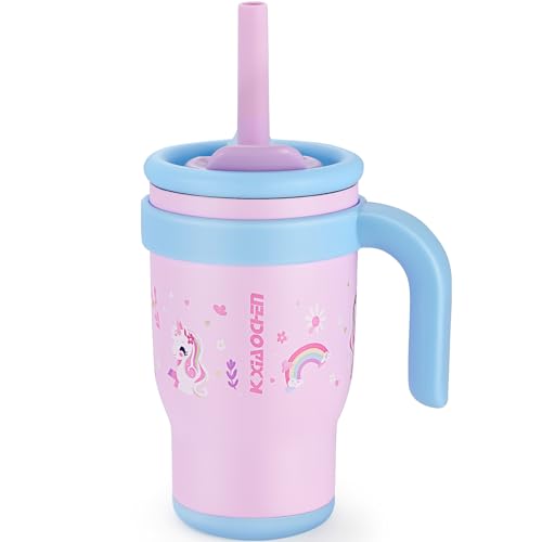 KXIAOCHEN 14 oz Kids Tumbler with Handle for Spill Proof Insulated Stainless Steel Reusable Tumbler for Toddlers Keeps Drinks Cold up to 24 Hrs Pink Unicorn