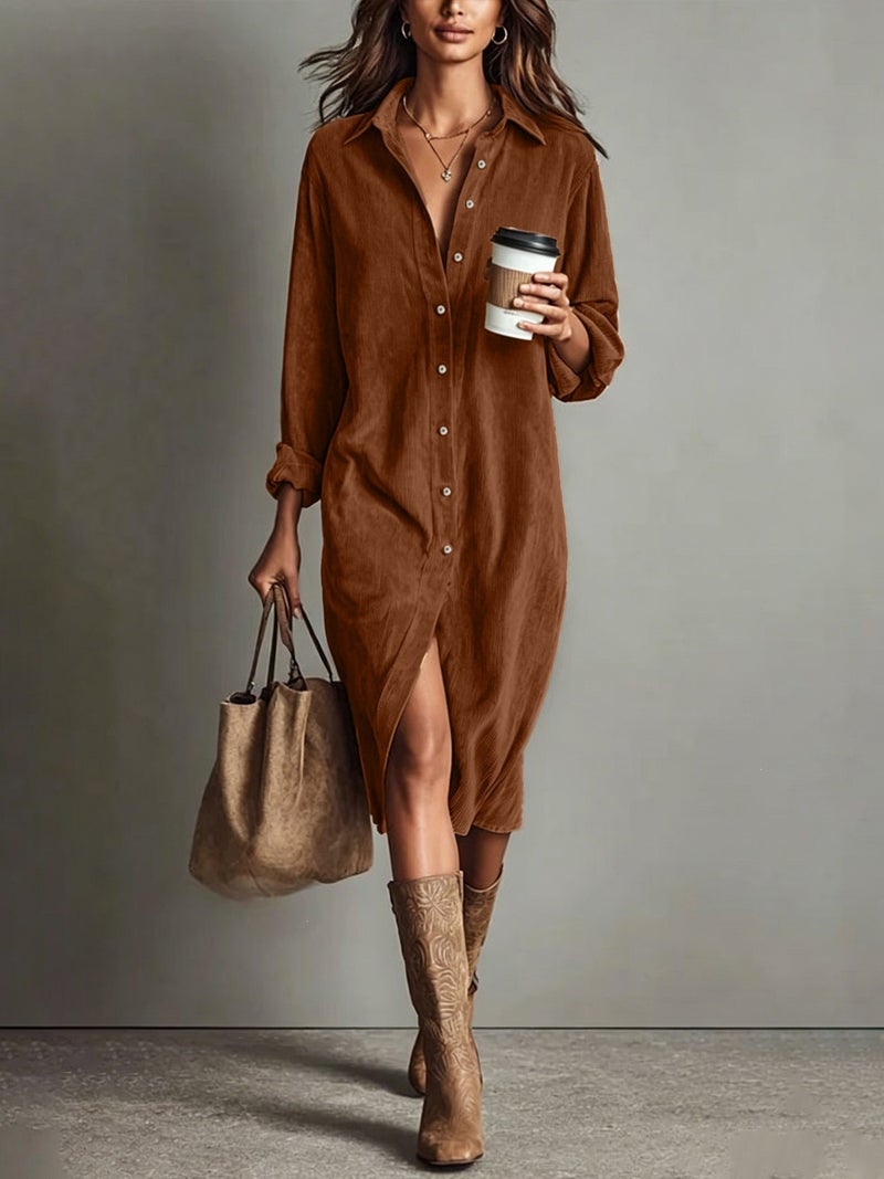 V Neck Long Sleeve Button Down Loose Fit Dress - Image 3