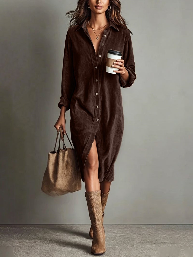 V Neck Long Sleeve Button Down Loose Fit Dress - Image 2