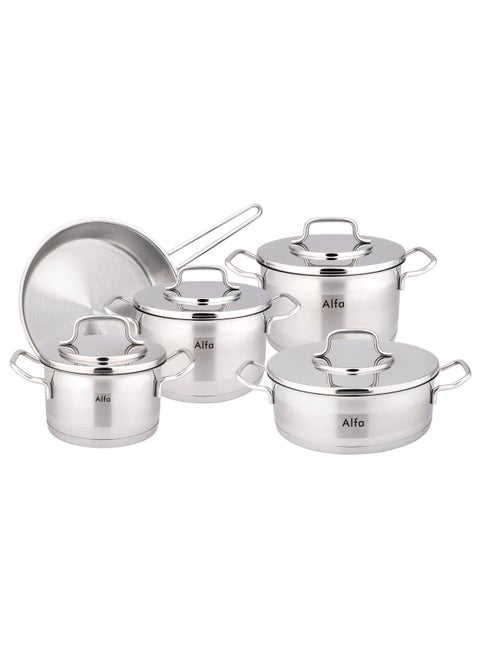 9-Piece Alfa Premium Cookware Set - 18/10 Cr-Ni Stainless Steel - 3 Deep Pots - 1 Low Pot - 1 Frypan
