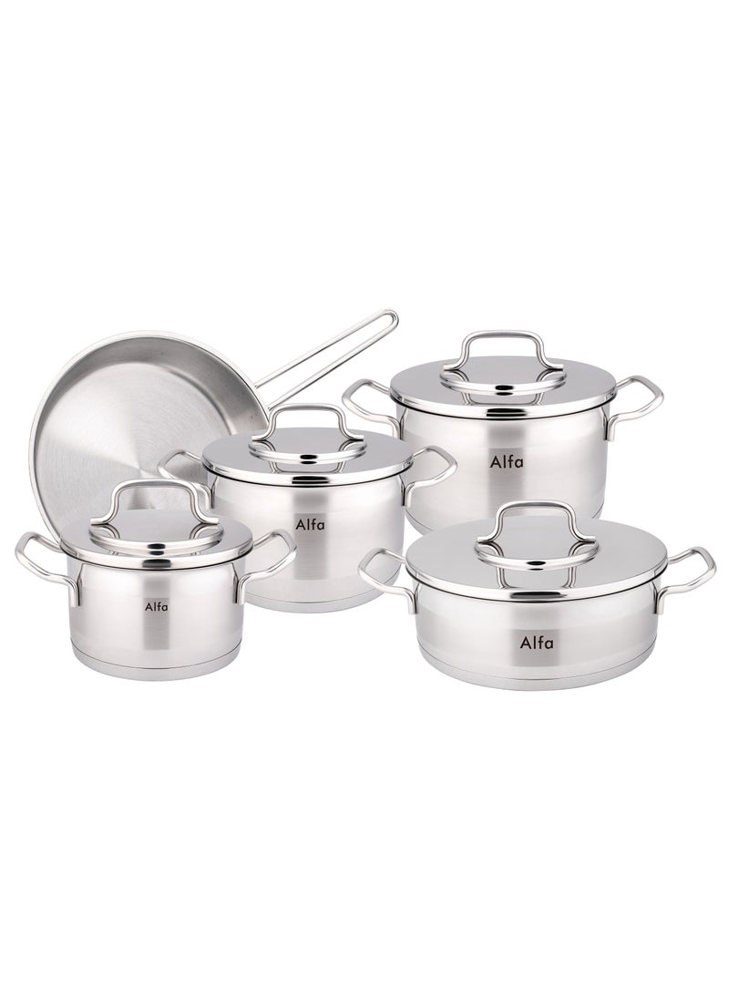ALFA - 9-Piece Alfa Premium Cookware Set - 18/10 Cr-Ni Stainless Steel - 3 Deep Pots - 1 Low Pot - 1 Frypan - Image 1