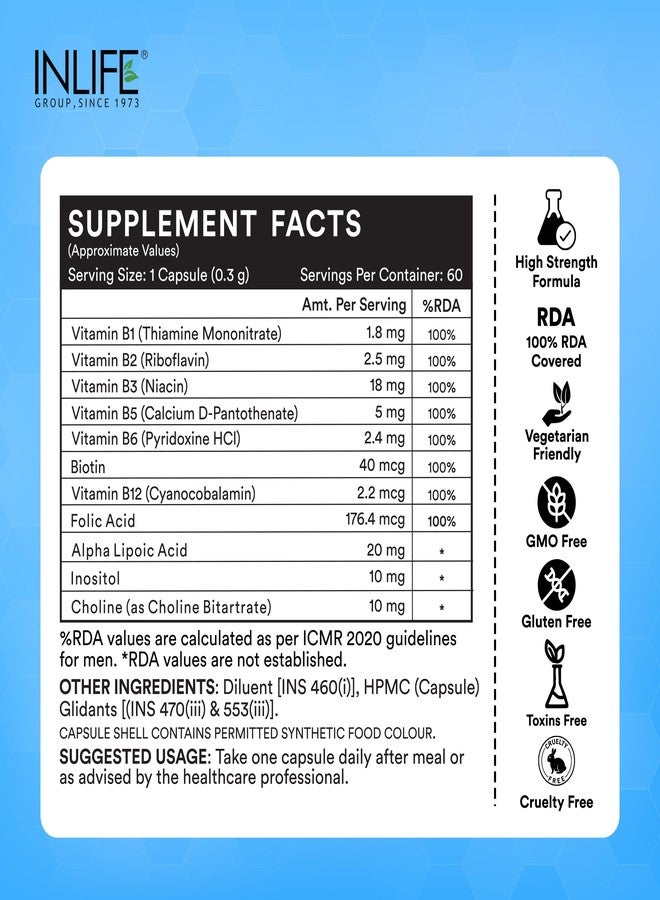 INLIFE B Complex Supplements B1, B2, B3, B5, B6, Biotin, with Vitamin B12, Folic Acid, Alpha Lipoic Acid, Inositol & Choline | | For Men Women - 60 Vegetarian Capsules - Image 2