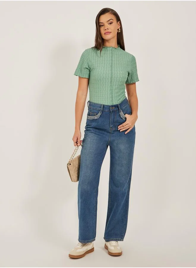 Styli Textured High-neck Lettuce Edge Short Sleeve Fitted T-shirt
