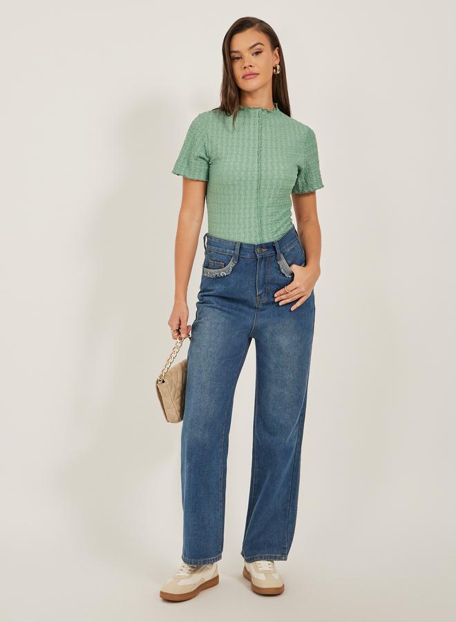 Styli Textured High-neck Lettuce Edge Short Sleeve Fitted T-shirt  - Image 2