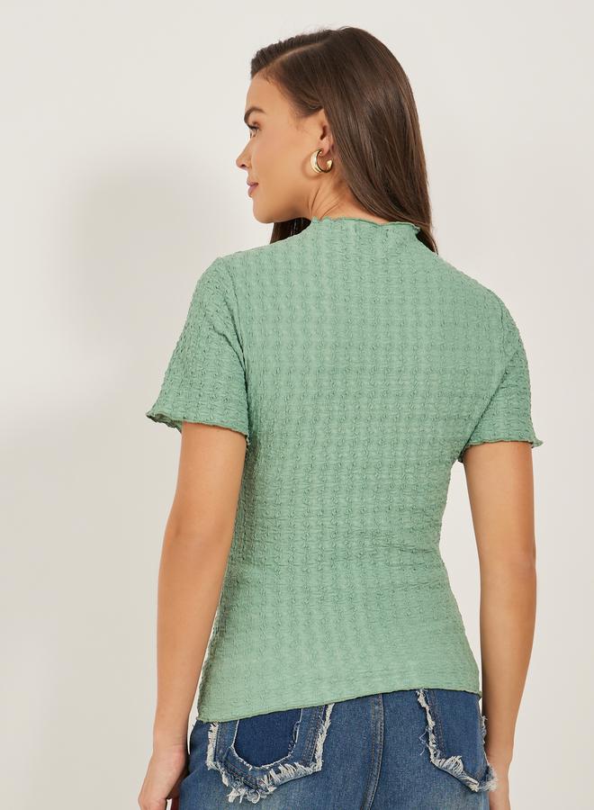 Styli Textured High-neck Lettuce Edge Short Sleeve Fitted T-shirt  - Image 5