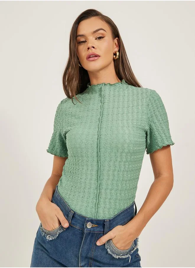 Styli Textured High-neck Lettuce Edge Short Sleeve Fitted T-shirt