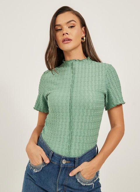 Textured High-neck Lettuce Edge Short Sleeve Fitted T-shirt