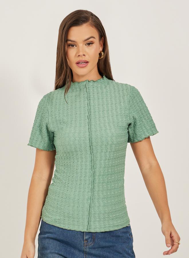 Styli Textured High-neck Lettuce Edge Short Sleeve Fitted T-shirt  - Image 3