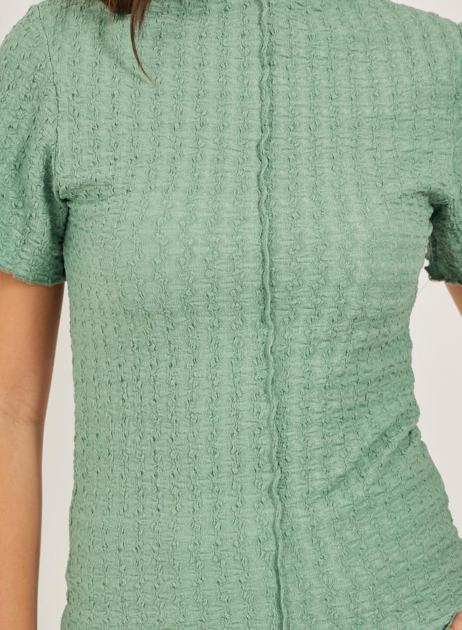 Styli Textured High-neck Lettuce Edge Short Sleeve Fitted T-shirt  - Image 4