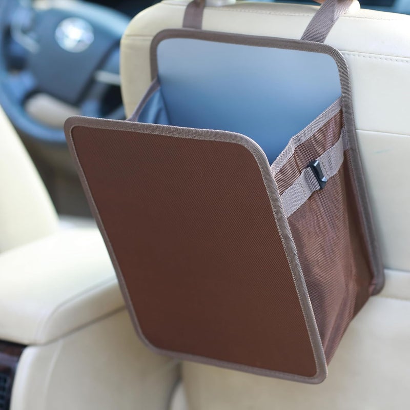 Ginsco 3 Gallons Open-Top Car Trash Can, Large Capacity Hanging Car Trash Bag with Water-Proof PEVA Liner, Stand Car Trash Bag Foldable Car Storage Bag for Cars SUV Truck (Brown) - Image 1