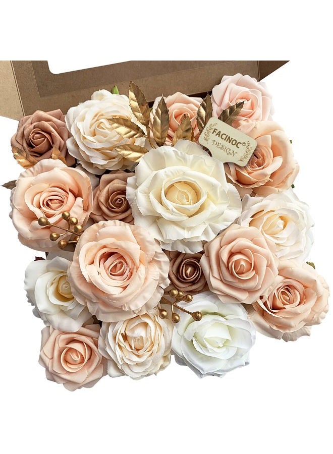 FACINOC Roses Artificial Flowers Bouquet Combo Box Set Fake Flowers Bulk for DIY Bridal Baby Shower Decorations Wedding Centerpieces for Table Silk Floral Arrangements Party Home Decor Indoor Peach - Image 1
