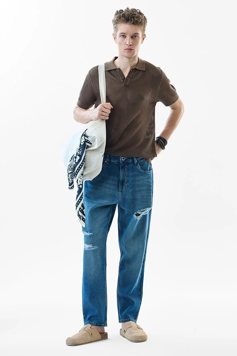 SNITCH Slim Fit Cotton Crochet Brown Polo T-Shirt