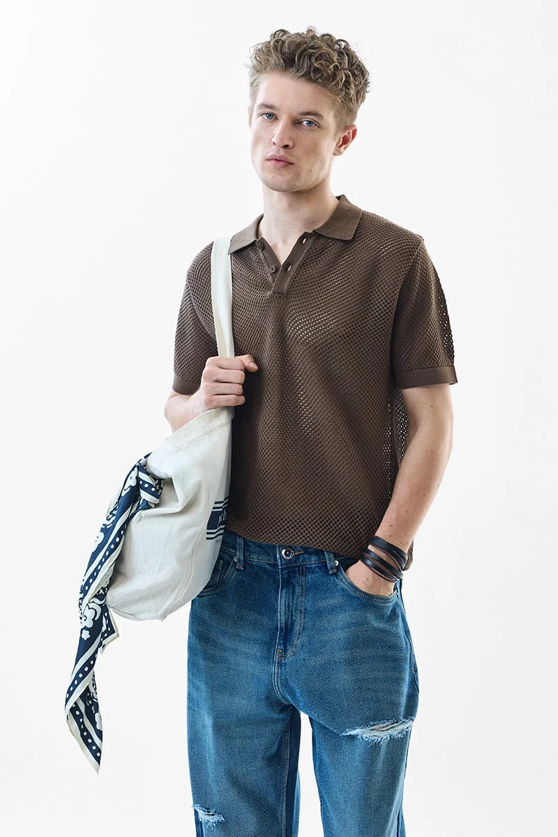 سنيتش تيشيرت بولو قطن كروشيه بقصة ضيقة لون بني