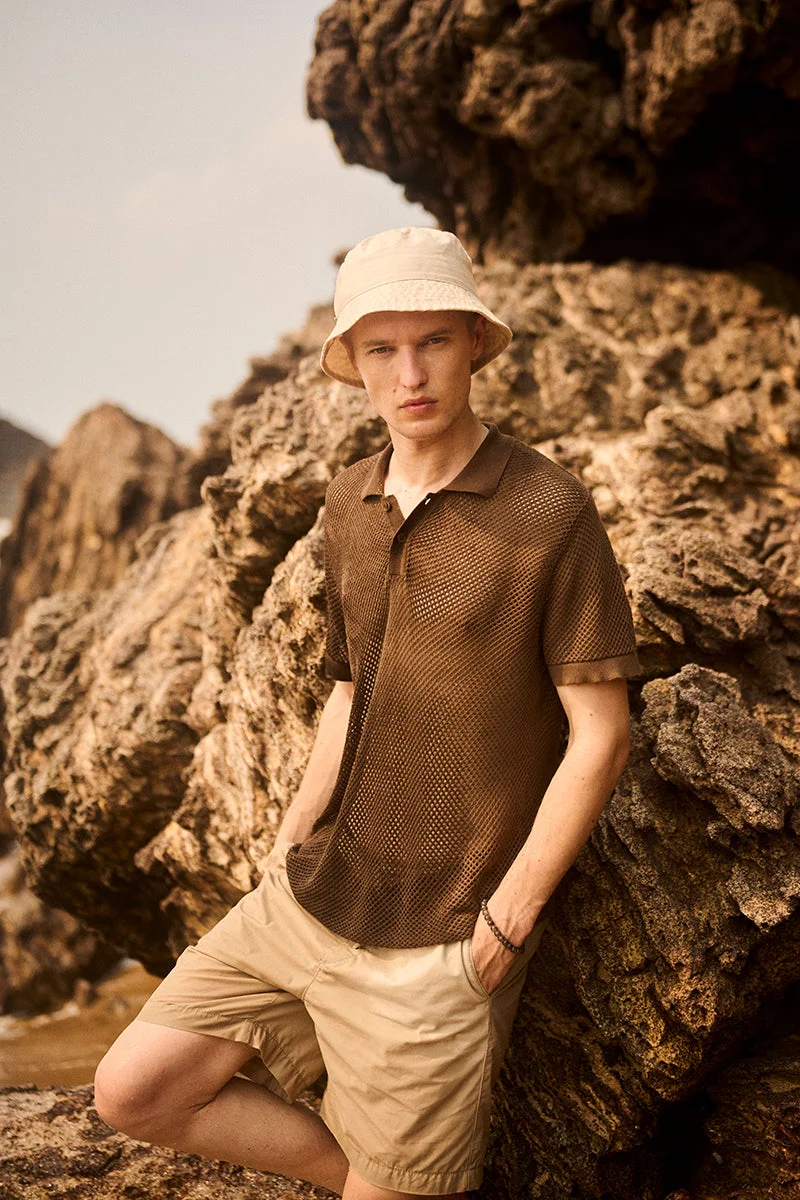 SNITCH Slim Fit Cotton Crochet Brown Polo T-Shirt