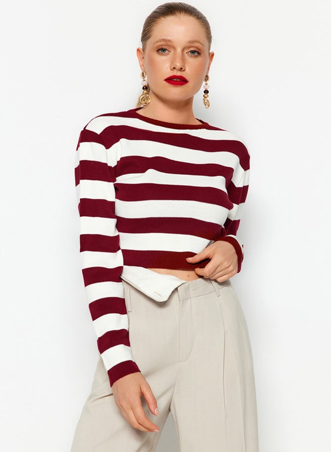 trendyol Claret Red Crop Basic Striped Knitwear Sweater - Image 1