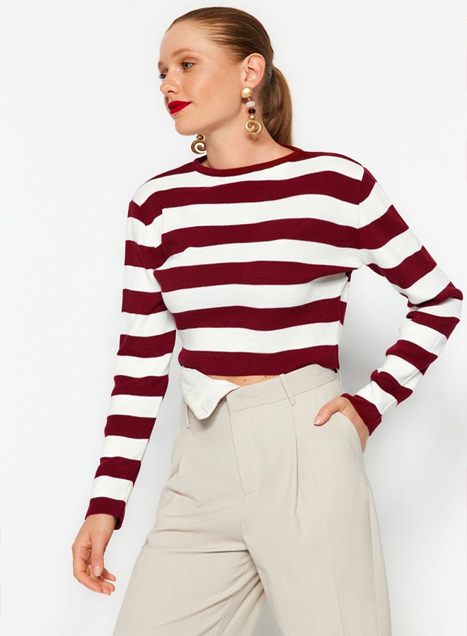 trendyol Claret Red Crop Basic Striped Knitwear Sweater - Image 3