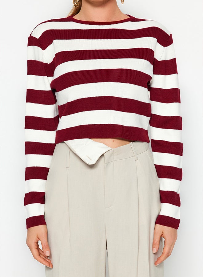 trendyol Claret Red Crop Basic Striped Knitwear Sweater - Image 4