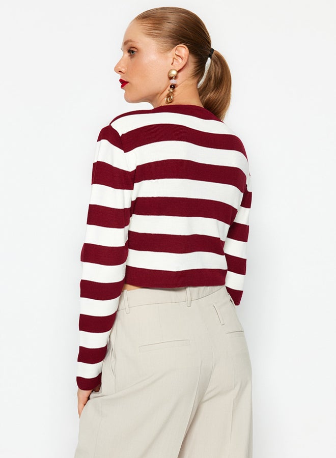 trendyol Claret Red Crop Basic Striped Knitwear Sweater - Image 5