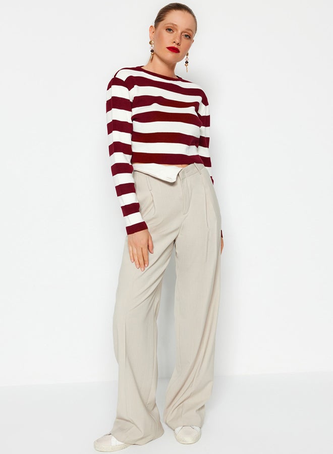 trendyol Claret Red Crop Basic Striped Knitwear Sweater - Image 2