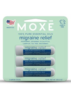 MOXE MOXE Migraine Relief Nasal Inhalers, Essential Oils for Headaches & Tension Relief, Portable Aromatherapy, Easy-to-Use, Pure & Undiluted, Peppermint, Spearmint, Eucalyptus, Tea Tree, USA Made, 3 Pack 