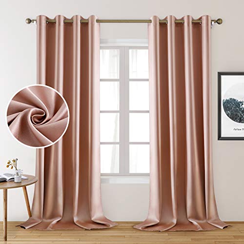 HOMEIDEAS 2 Panels Blush Pink Faux Silk Blackout Curtains, 52 X 108 Inch Room Darkening Satin Thermal Insulated Window Drapes for Bedroom, Indoor, Nursery - Image 1