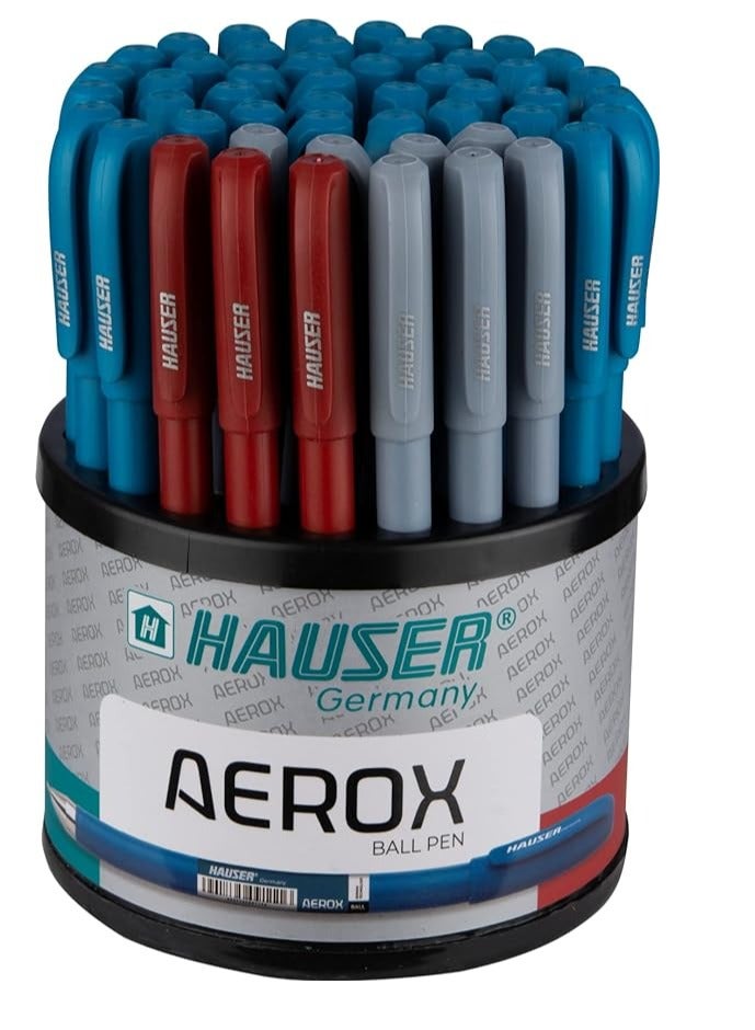 Hauser Germany قلم حبر جاف هاوزر أيروكس 0.6 مم | تشطيب لامع وهيكل خفيف الوزن | حبر منخفض اللزوجة لكتابة خالية من البقع | قابل لإعادة التعبئة | حبر أزرق وأسود وأحمر، عبوة من 50 قلم - Image 1