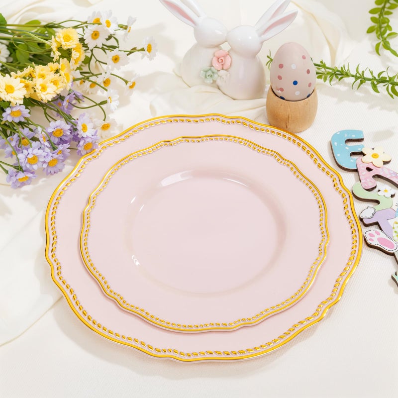 Hioasis 60pcs Pink Plastic Plates - Pink and Gold Disposable Dinnerware with Gold Rim, Heavy-duty, 10.25 inch, Dinner Plates for Party & Easter - Image 4