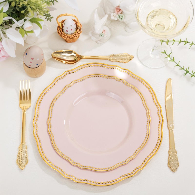 Hioasis 60pcs Pink Plastic Plates - Pink and Gold Disposable Dinnerware with Gold Rim, Heavy-duty, 10.25 inch, Dinner Plates for Party & Easter - Image 2