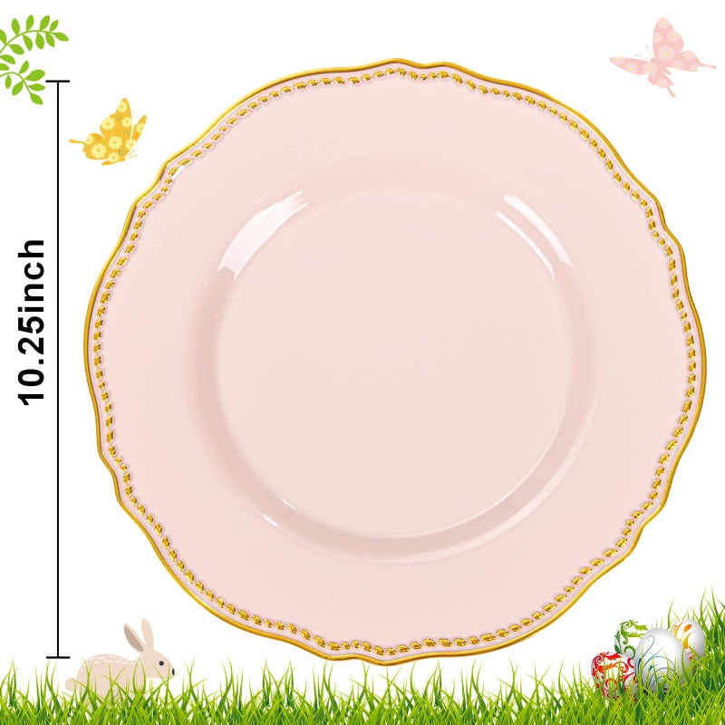 Hioasis 60pcs Pink Plastic Plates - Pink and Gold Disposable Dinnerware with Gold Rim, Heavy-duty, 10.25 inch, Dinner Plates for Party & Easter - Image 3