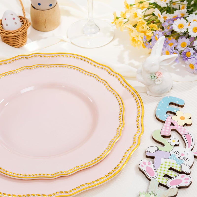 Hioasis 60pcs Pink Plastic Plates - Pink and Gold Disposable Dinnerware with Gold Rim, Heavy-duty, 10.25 inch, Dinner Plates for Party & Easter - Image 5