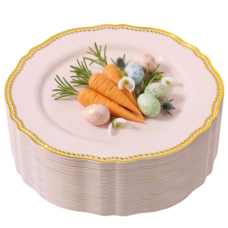 Hioasis 60pcs Pink Plastic Plates - Pink and Gold Disposable Dinnerware with Gold Rim, Heavy-duty, 10.25 inch, Dinner Plates for Party & Easter - Image 1