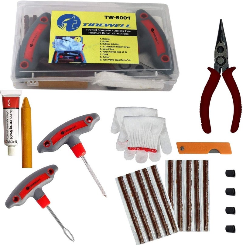 طقم إصلاح ثقوب الإطارات بدون أنبوب TW-5001 9 في 1 مع صندوق تخزين، صندوق أدوات إصلاح الإطارات المسطحة الطارئة للسيارة والدراجة وسيارات الدفع الرباعي والدراجة النارية - Image 1