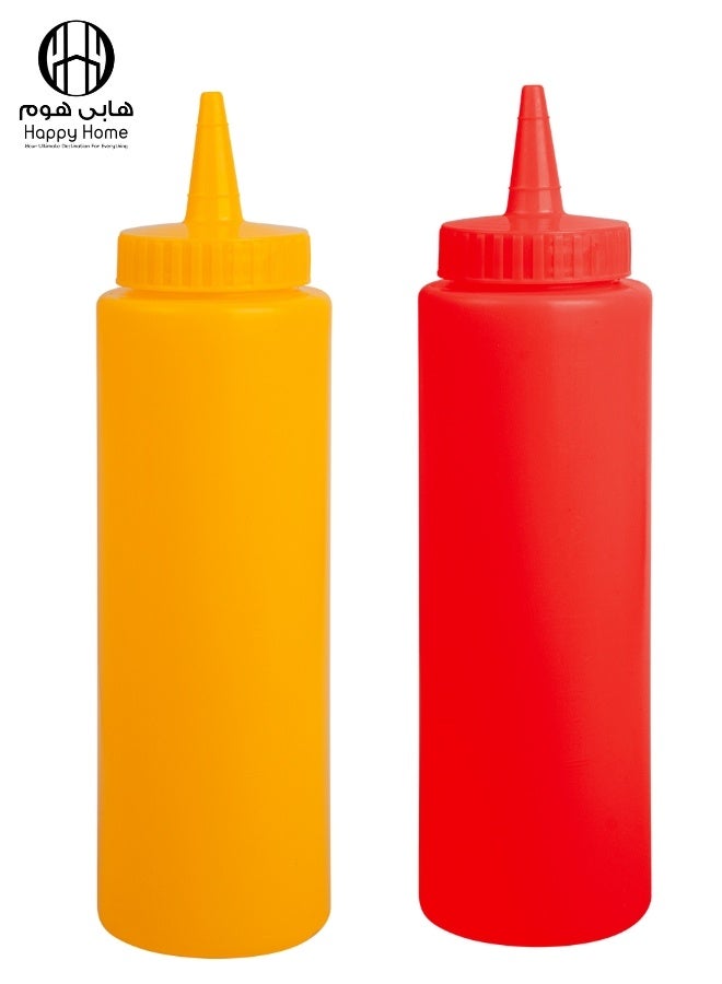 هابي هوم عبوة من زجاجتين كاتشب ومسطردة فارغة مصنوعة من البلاستيك - قابلة لاعادة الملئ - سهلة الاستخدام مناسبة للمطبخ ولوازم المطعم وشاحنات تقديم الطعام صلصة الشواء، الحرف اليدوية 450 مل (احمر- أصفر) - Image 1