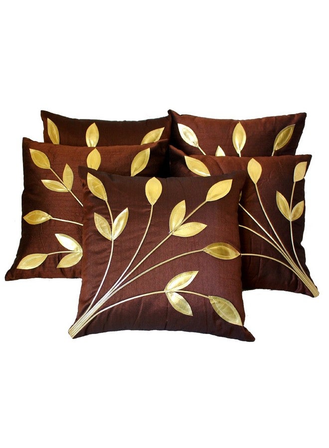 Urvaan Silk Golden Floral Cushion Covers, 16 X 16 Inch, Brown, Set of 5 - Image 1