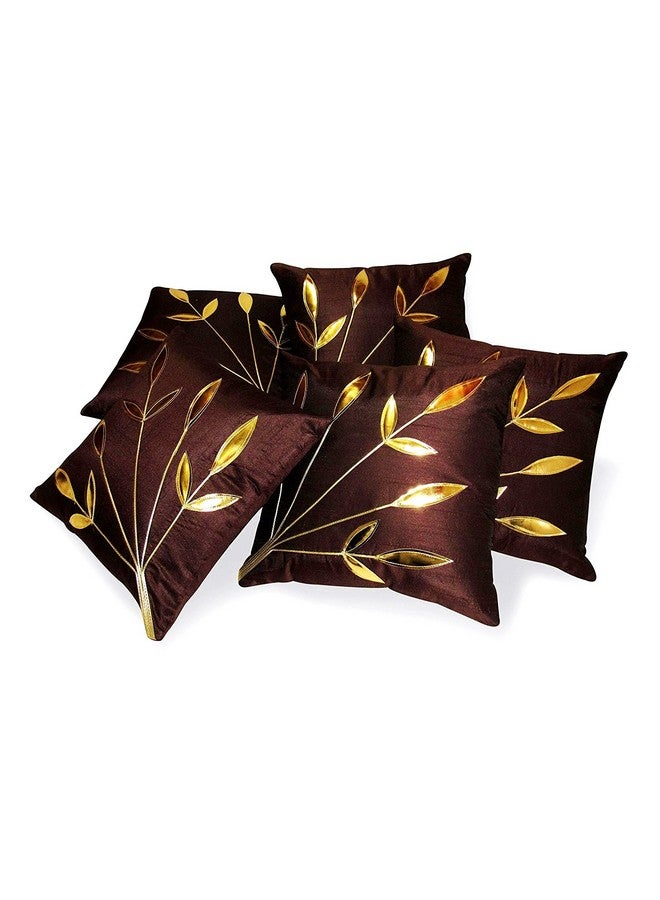 Urvaan Silk Golden Floral Cushion Covers, 16 X 16 Inch, Brown, Set of 5 - Image 5