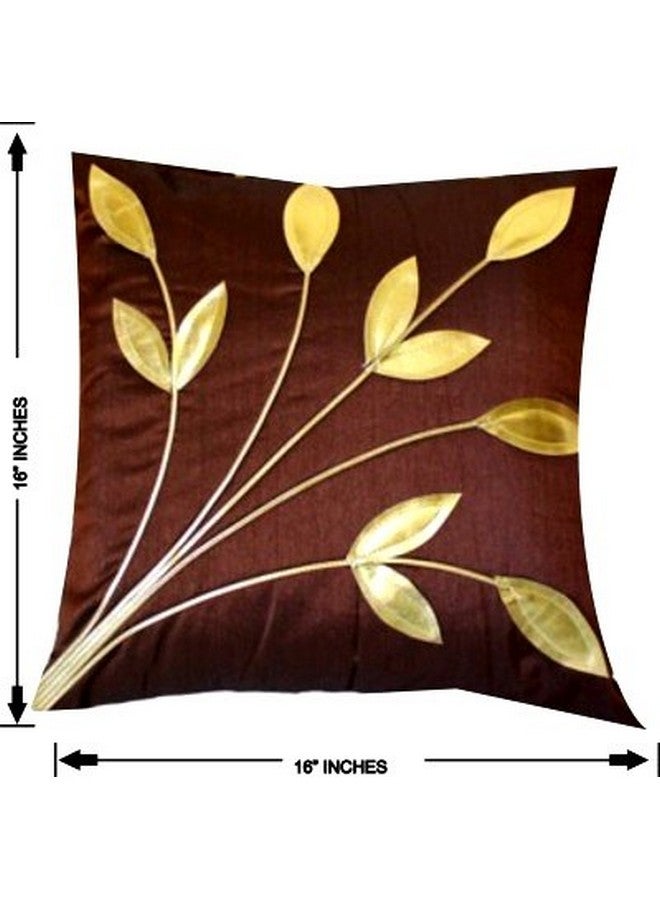 Urvaan Silk Golden Floral Cushion Covers, 16 X 16 Inch, Brown, Set of 5 - Image 2